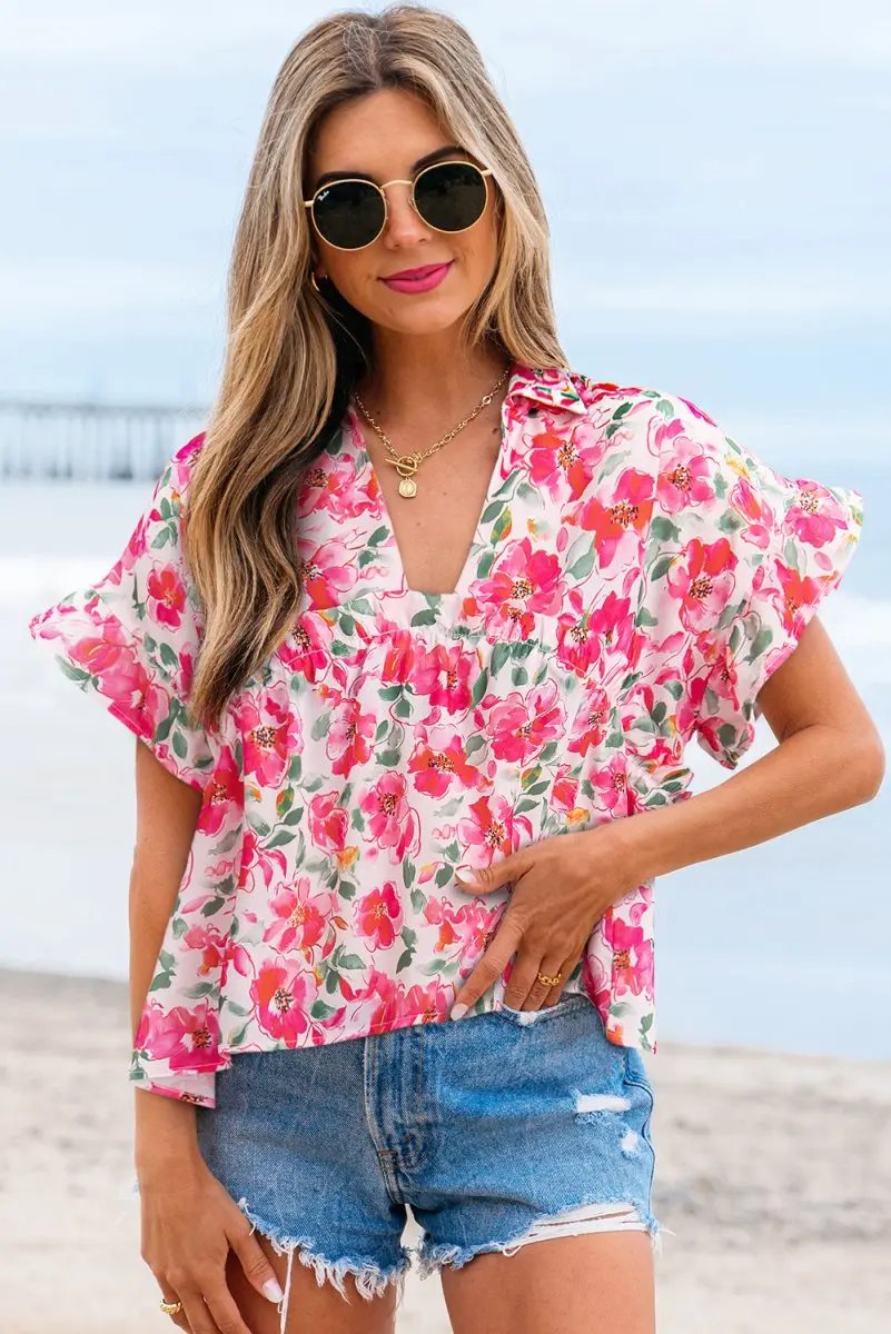 Pink Floral Boxy Fit Ruffled Short Sleeve V Neck Blouse - Love Salve